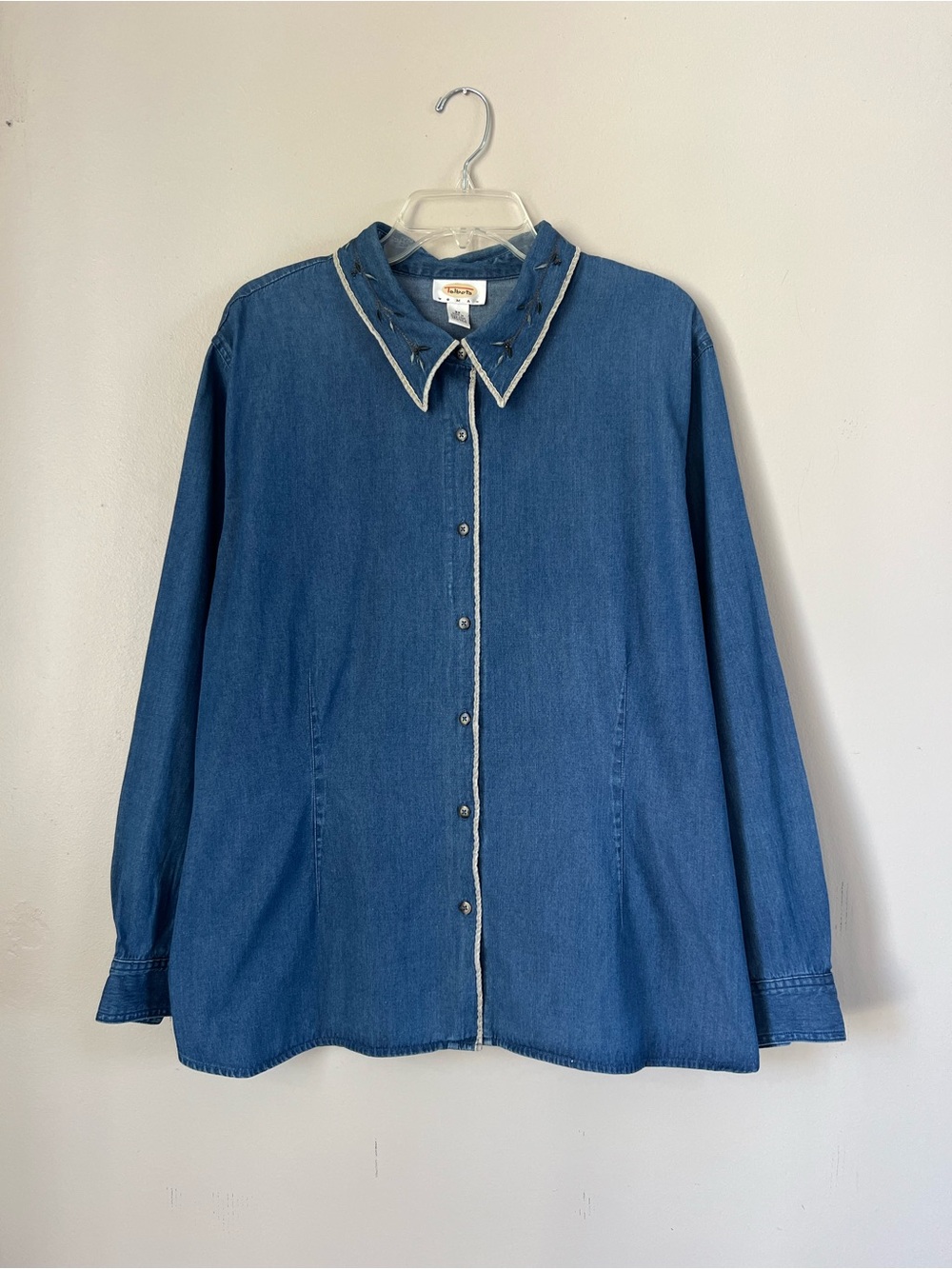 Talbots Woman 3X Blue Chamray Denim Embroidered Collar Button-Down Shirt